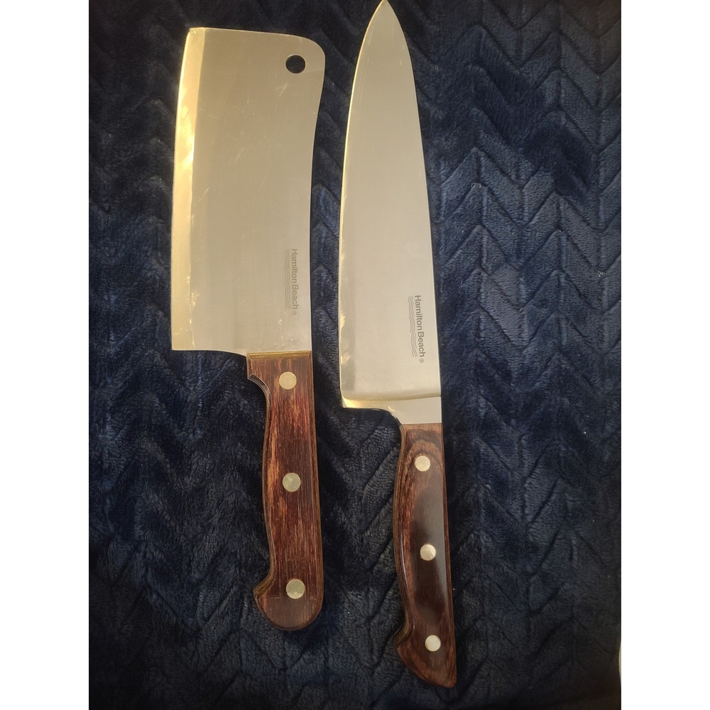 Hamilton Beach Kitchen Knife Set Stainless Steel Cleaver Chef Knife Wood 13" VGC